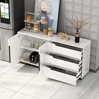 Buffet blanc brillant avec 3 tiroirs, portes et base surélevée pour salle à manger, salon, hôtel, ou comme credence