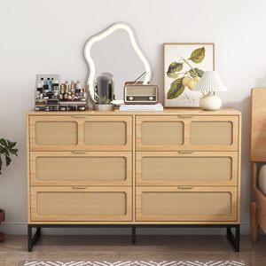 Farmhouse Wood Storage 6 <strong>Drawer</strong> Rattan Dresser Modern Dresser <strong>Chest</strong> <strong>of</strong> <strong>Drawers</strong> for Bedroom - Product Image 1
