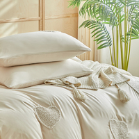 Parure de lit 3 pièces motif cœur 200TC en polyester tissé, lavable, style dessin animé mignon, couleur crème – Meilleure vente