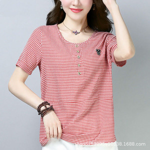 Women's Short Sleeve Plaid T-Shirt Red And Black Cotton Poplin Button Front Everyday Wear - Product Image 3