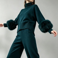 Tyan 2026 – Nouvelle collection automne-hiver : Pull en cachemire tricoté avec poignets en fourrure de renard véritable, couleur sarcelle, et pantalon long épais et chaud pour femme