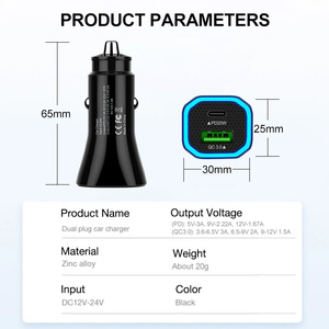Cargador de coche 12-24V QC3.0 PD20W de carga rápida con doble puerto para dispositivos móviles - Product Image 4