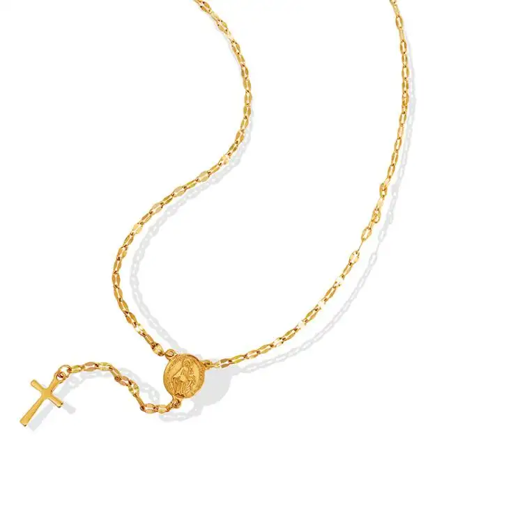 Religiöser Schmuck Frauen Einfacher Edelstahl Jungfrau Maria Jesus Anhänger Katholisches Geschenk Rosenkranz Kreuz Halskette Edelstahl