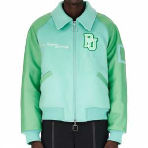 Veste de baseball personnalisée OEM Veste universitaire Letterman de baseball vintage à manches en cuir brodé d'un patch en chenille pour hommes - Product Image 1