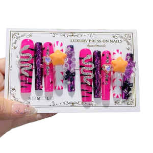 Ms.Miemie 10 <span class=keywords><strong>Uñas</strong></span> Postizas Hechas a Mano, Diseño <span class=keywords><strong>de</strong></span> Serpiente Plateada Larga, Estrella, Dibujos Animados, ABS, Cuadradas, Rojas, <span class=keywords><strong>Relieve</strong></span> Francés, <span class=keywords><strong>Uñas</strong></span> al por Mayor - Product Image 3