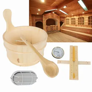 Nieuwe Sauna/Stoomkameraccessoires Houten Vat + Lepel + Zandloper + Thermometer + Lamp - 5 Stuks