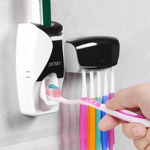 Wholesale Eco-Friendly Plastic Wall Mount 5 Slot Toothbrush Hanger Dispenser Automatic <b>Toothpaste</b> Squeezer Modern Two-Piece Set - Product Image 2