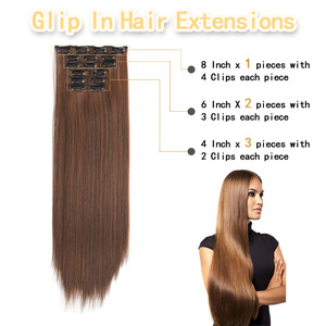 6Pcs Long Bone Straight <b>Synthetic</b> Clip in Hair Extensions Thick Heat Resistant Fiber Machine Double Weft Hairpieces - Product Image 2