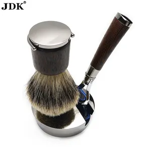 JDK Rosewood Handle Super Badger Hair Shaving Brush Set with Safety Razor Brush Stand