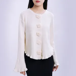 Cotton Acrylic Knit Clothes Knitted Ladies Womens White Cardigan Button Comfortable Sweaters Elegant