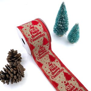 Pita berkabel poliester Linen terkunci pola pohon pinus Natal salam perdamaian goni palsu untuk kerajinan pembungkus Hadiah - Product Image 1