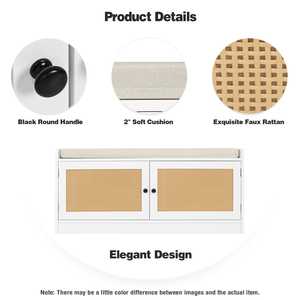 調節可能な木製靴ベンチ収納キャビネット付き2ドアラタン座席クッション収納ベンチ調整可能な棚付き - Product Image 3