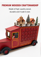 Calendrier de l'Avent en bois en forme de camion de Noël, boîte à 24 tiroirs avec décoration de village de Noël, rangement pour cadeaux de fêtes pour la maison