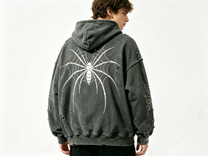 Sudadera con Capucha Vintage Lavada y Desgastada con Diseño de Araña, 100% Algodón Felpa, con <span class=keywords><strong>Detalles</strong></span> Rotos, Sudadera Pesada Estilo Urbano para Hombre - Product Image 3