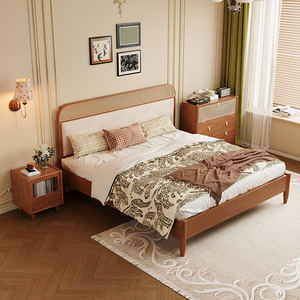 Cabecera de Ratán Blanco Crema de Lujo, Tallada a Mano, Juego de Cama King Size o Twin, Elevación Hidráulica, Almacenamiento, Marco de Madera Maciza, Estilo Wabi-Sabi - Product Image 2