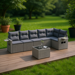 Conjunto de Sofás de Jardín de Ratán Gris, 6 Plazas, Muebles de Exterior Resistentes a la Intemperie, Diseño Contemporáneo - Product Image 2