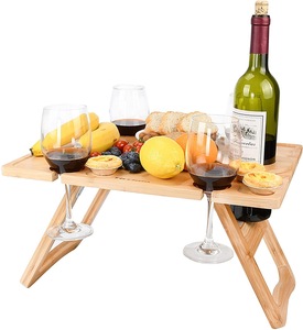 Outdoor wooden folding picnic table food serving tray removeable wine and snack holder wooden picnic table