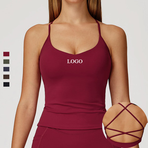 Top Deportivo Corto con <span class=keywords><strong>Tirantes</strong></span> Cruzados de Tela Cepillada Personalizada, Elástico en 4 Direcciones, con Relleno, Transpirable, para Gimnasio, Entrenamiento, Running, Yoga - Product Image 1
