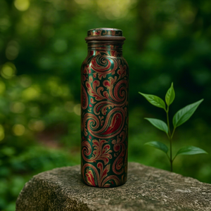 Bouteille d'eau artisanale en cuivre Paisley 1 litre, flacon ayurvédique fait main, vaisselle décorative réutilisable, cuivre indien traditionnel - Product Image 1