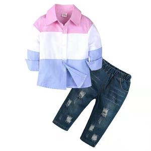 Conjunto de Traje para Bebé Niño, Camisas a Rayas de Otoño para Niñas + Pantalones de Mezclilla, Ropa de 2 Piezas, Conjuntos para Niños, Jeans Rotos, Ropa para Niños - Product Image 2