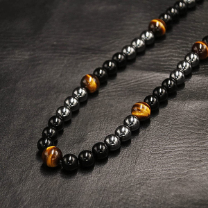 Dreifach schutz Schmuck Naturstein Perlen Herren Heil kristall Schwarz Obsidian Tiger Auge Hämatit Perlenkette für Männer - Product Image 5