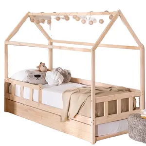 kids toddler bed home wooden modern furniture bed frame baby's crib with fence and storage drawer for boys and girls