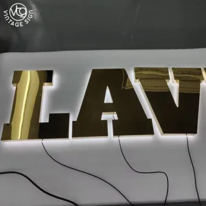 Espejo de metal con letras de canal 3D personalizado letrero de letras retroiluminado con LED Logotipo de negocios iluminado con retroiluminación
