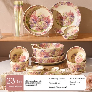 Set di Stoviglie in Ceramica con Motivi Floreali, Set di Piatti e <span class=keywords><strong>Ciotole</strong></span> per la Casa, Bacchette, Cucchiai, Piatti da Zuppa, Stoviglie Smaltate Minimaliste - Product Image 6