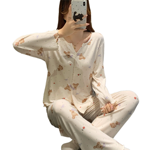 Conjuntos de Pijamas Modales para Mujeres Jóvenes, Pantalones de Manga Larga, Cárdigan, Conjunto Dulce para Primavera y Otoño - Product Image 1