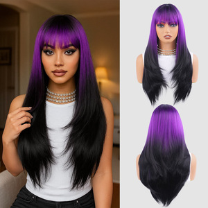 Parrucca Sintetica Lunga con Frangia Sfumata Viola/Nera, Effetto Snellente e Ringiovanente, per Cambiare l'Acconciatura, per Donne - Product Image 1