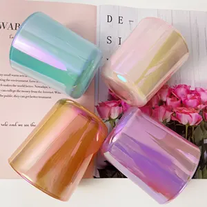 Wholesale Wooden Wick Iridescent Plating Glass Creative Candle Jars Brush Aura Clear Rainbow Iridescent Candle Jar