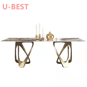 High Quality Luxury Large 8 Seater Italian Metal Stainless Steel Leg Ceramic Tile Marble Top Resin Dining Table Set