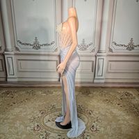 Luxuriöses Paillettenbesetztes Bodycon Bodenlange Abendkleider für Bühnentanz und Formelle Anlässe Weiße Hochzeits-Strass-Kleider mit Hohem Schlitz