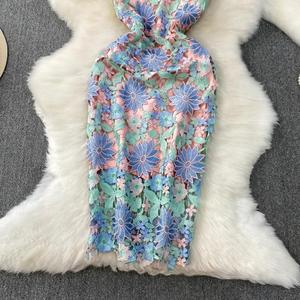 Elegante Abito Lungo Estivo <span class=keywords><strong>da</strong></span> <span class=keywords><strong>Donna</strong></span> in Pizzo Traforato con Spalline Sottili, Vestito a Sottoveste a Vita Alta Slim Fit per Vacanze o Abito <span class=keywords><strong>da</strong></span> Sposa - Product Image 5