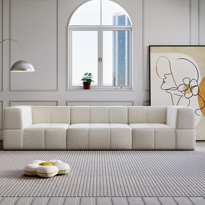 Canapé modulaire en bouclette trois places avec accoudoirs carrés et dossier fermé, mobilier de salon minimaliste blanc - Product Image 1