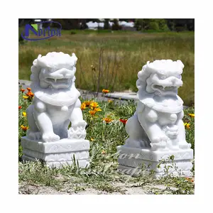 Outdoor Home Ornament Small White Marble Art Chinese Fu Foo Dogs Stone Carvings Statues Sculpture Sale