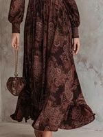 Robe longue Y100 de luxe élégante en polyester, imprimé cachemire vintage, hiver automne, manches longues, fermeture éclair sur le devant, fluide, pour soirée