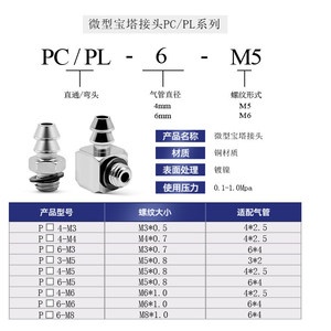 Raccords pneumatiques miniatures Pagoda Connector PC PL 6 M5 en cuivre nickelé - Product Image 1