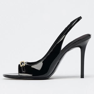 صندل نسائي فاخر أنيق بكعب عالٍ رفيع ومقدمة مستديرة من جلد النبيذي اللامع - Product Image 4