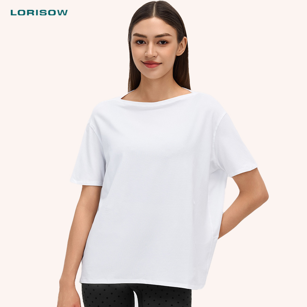 LORISOW Newest Women's Loose Fit Boat Neck Short Sleeve T-shirt Leisure Outdoor Yoga Wear Running Quick Dry Soft Summer