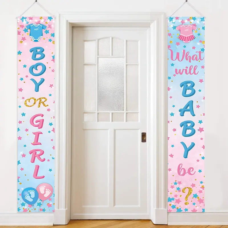 Il sesso del ragazzo o della ragazza rivela il segno del portico Baby Shower che appende la bandiera della porta per il genere rivela la decorazione della festa del Baby Shower