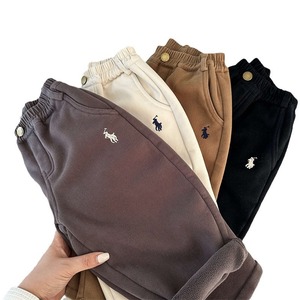 Boys' Casual Fleece Lined Pants Solid Color Cotton Knitted Winter 2024 Thickened Elastic Waist Long Trousers For Toddlers - Product Image 5