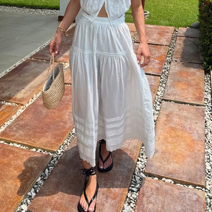 Vacation Style Solid Color Lace Patchwork <b>Split</b> Asymmetrical Midi <b>Skirt</b> Artistic Versatile With Lining Long <b>Skirt</b> - Product Image 4