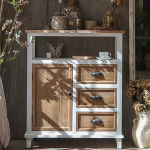 Armoire de rangement en bois massif au design antique, 3 tiroirs, 1 porte, meubles de salon, chambre à coucher, utilisation hôtelière avec étagère - Product Image 1