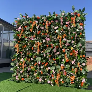 3D 롤 업 핑크 꽃 배경 파티 장식 또는 웨딩 파티 장식 꽃 녹색 잎 인공 식물 벽
