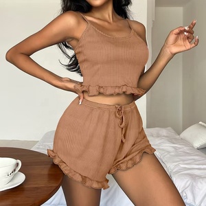 Ensemble de pyjamas à dos rayé pour femmes européennes et américaines Bretelles à la mode Taille élastique <span class=keywords><strong>Nuit</strong></span> d'été - Product Image 4