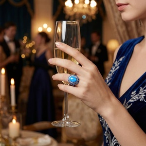 Кольцо с большим овальным камнем из голубого опала, маленькое круглое обручальное кольцо для женщин, классическое серебряное обручальное кольцо, ювелирное изделие - Product Image 3