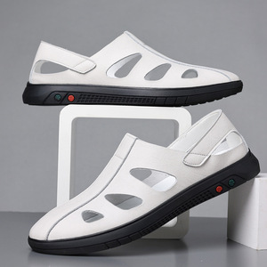 Men's Soft Leather Hollow-Out Sandals <b>Slip</b>-On Breathable Casual Shoes Black White Adult Size 40-45 - Product Image 2