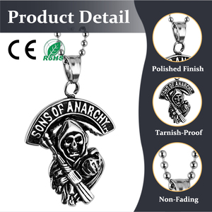 Collana <span class=keywords><strong>con</strong></span> <span class=keywords><strong>ciondolo</strong></span> a forma di <span class=keywords><strong>teschio</strong></span> e falcetto del Mietitore, in acciaio inossidabile, ipoallergenica e anti-sbiadimento, stile punk europeo, da uomo, per discoteca - Product Image 1