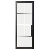 Porte en verre à 4 panneaux de style artisanat moderne, cadre en acier noir, 2150*920*32mm, verre clair décoratif pour salon et salle à manger